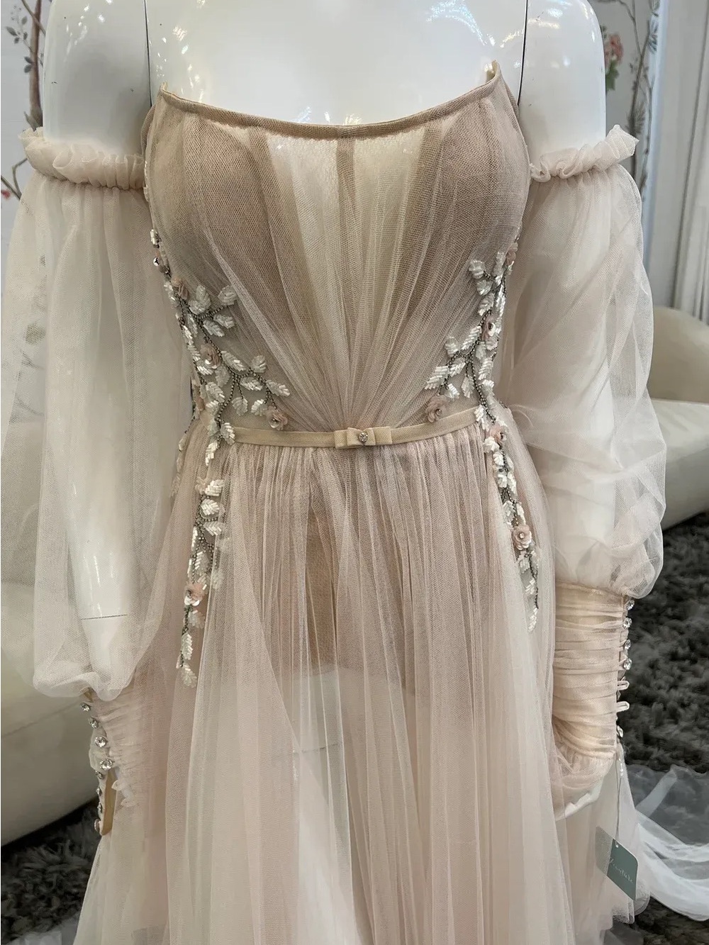 Sheer Off-Shoulder Tulle Gown in Champagne - Picture 4 of 10